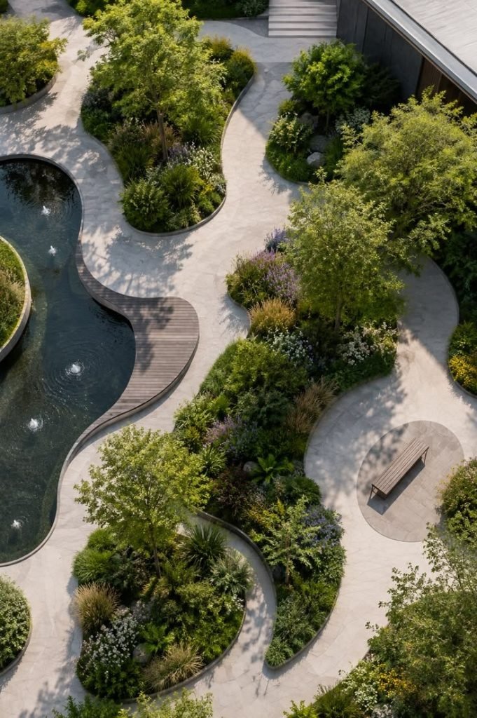 Aerial view of a finished landscaped garden with a pond and curved paths