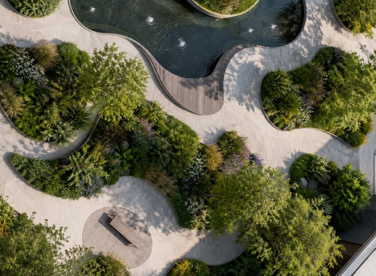 Landscaped garden built by Beaver Build seen from above