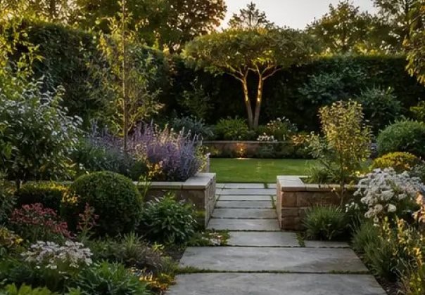 Newly laid paving with steps in a planted garden