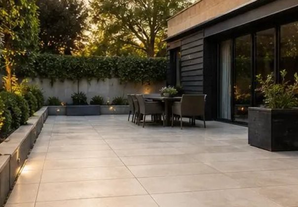 Large paved terrace beside a modern house