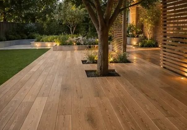 Hardwood deck around a mature tree