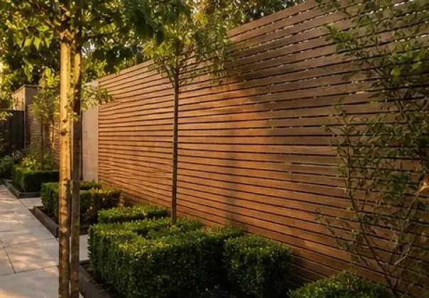 Slatted timber privacy fence with clipped hedging