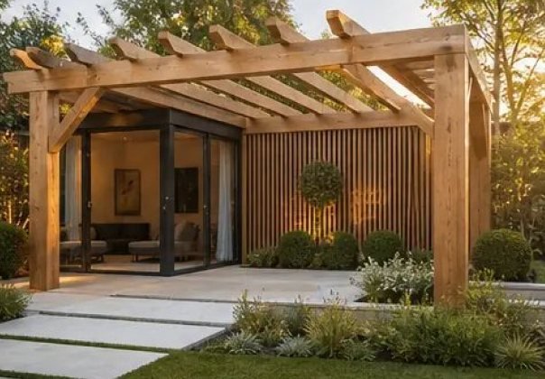 Timber pergola attached to a house with a paved approach