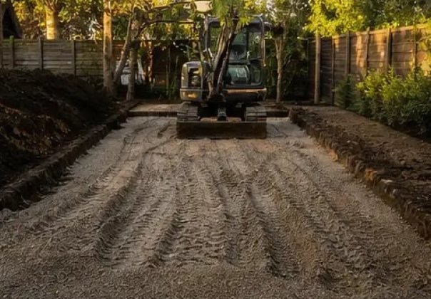 Excavator levelling a driveway sub-base
